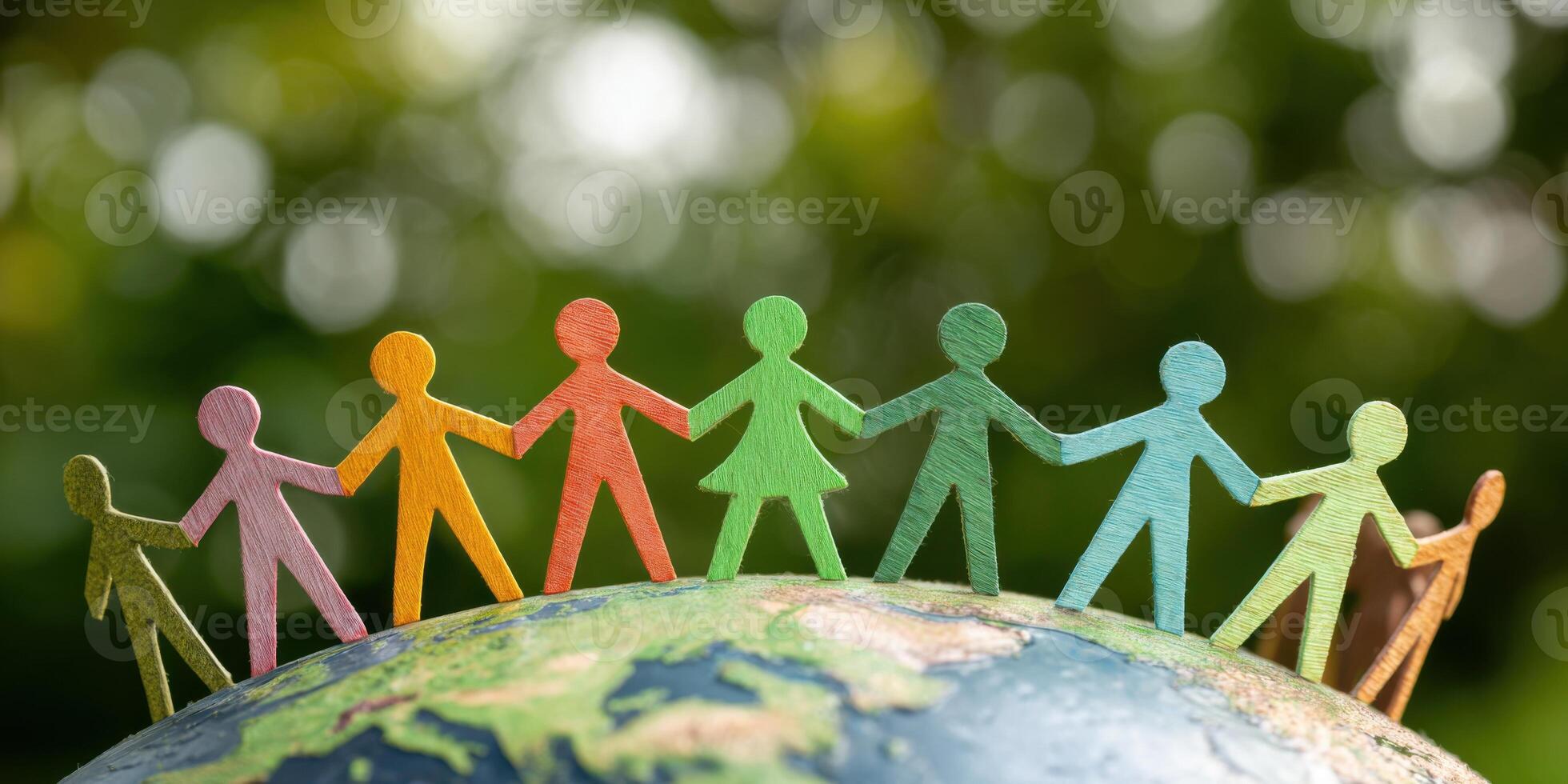 Group of diverse people holding hands, standing on top of the Earth with a green bokeh nature background. Unity and global connection for World People's Day. Paper figures representing human diversity photo