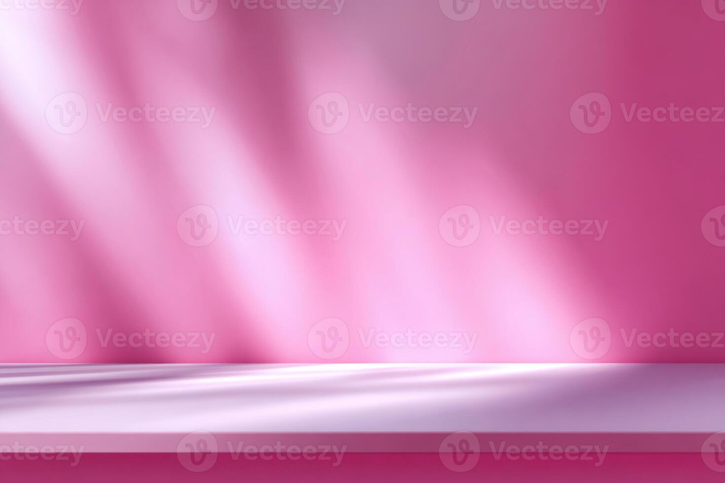 Minimal abstract background, light and shadow in the room. Cosmetic product presentation. Premium podium. Pastel soft pink wall, white floor. Showcase display case. Front view. Mockup. Overlay effect photo