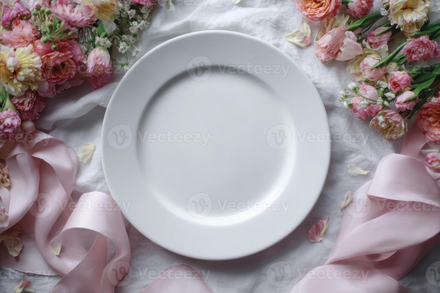 White blank plate on the table, surrounded by a wreath of flowers and with silverware. Gray concrete background. Floral spring display. Minimalist table setting for menu mockup, elegant dining idea photo