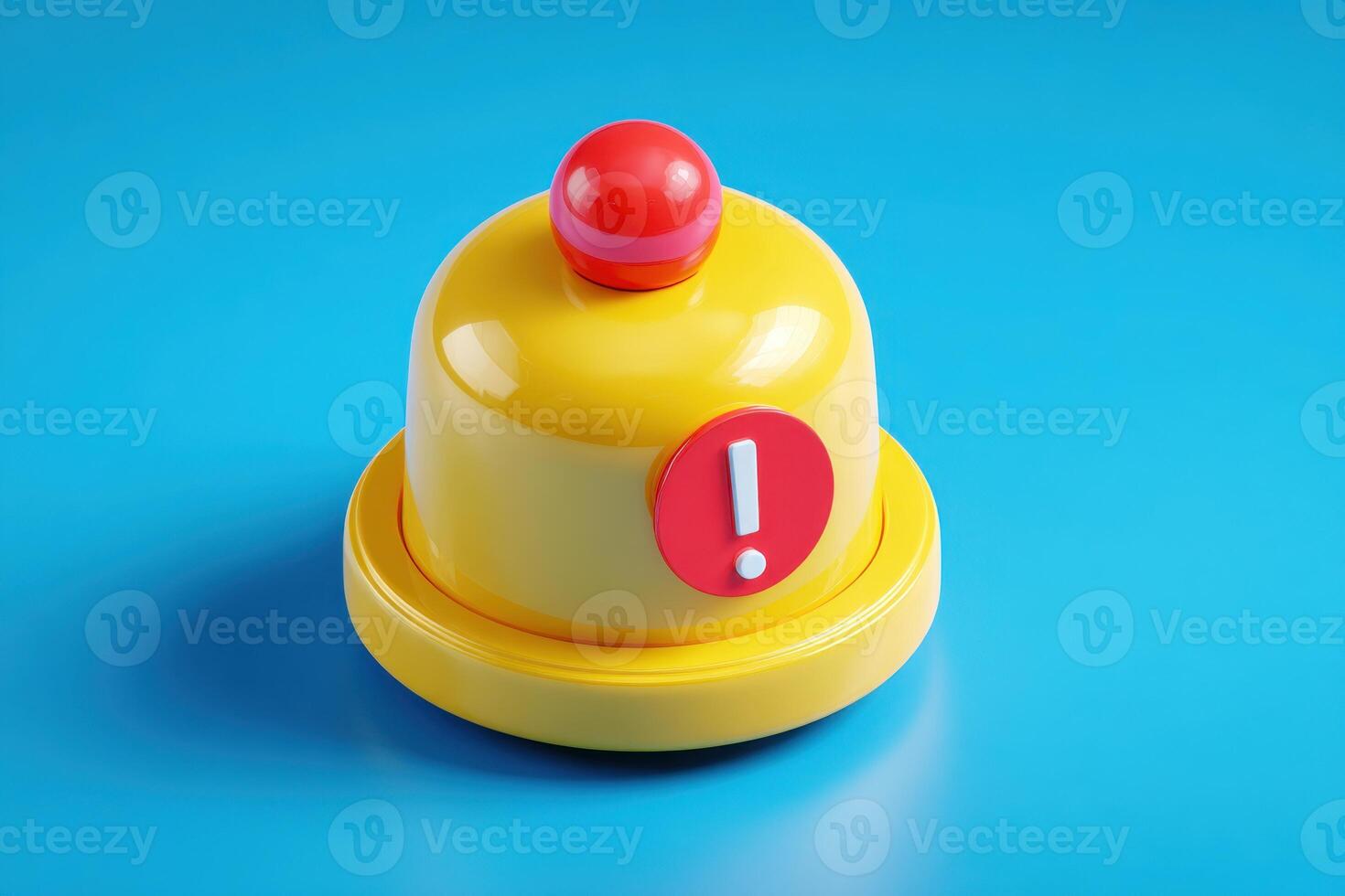 Notification alert bell with an exclamation mark symbol floating in the air on a blue background. 3D yellow bell with red exclamation mark. Cute reminder icon. Concept of attention alarm, data update photo