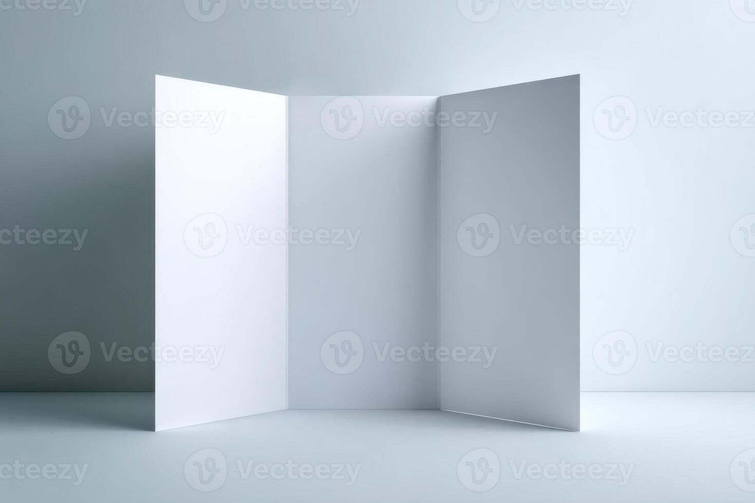 Mockup of an open three-panel white paper with the side folded on a clean gray background. Perfect for showcasing designs or text. Blank trifold brochure mock up with soft shadow. Unfurling Layers photo