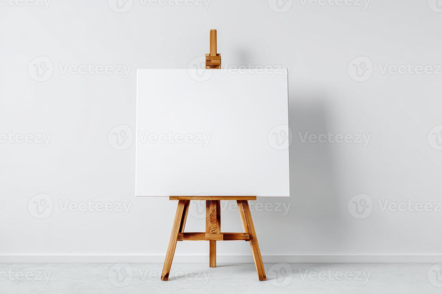 Blank white canvas on an easel on a wooden stand, a mock-up on a neutral background. Empty space for text or design. Web banner. Landscape artist easel painter, stand, frame. Sign Painting Mockup photo