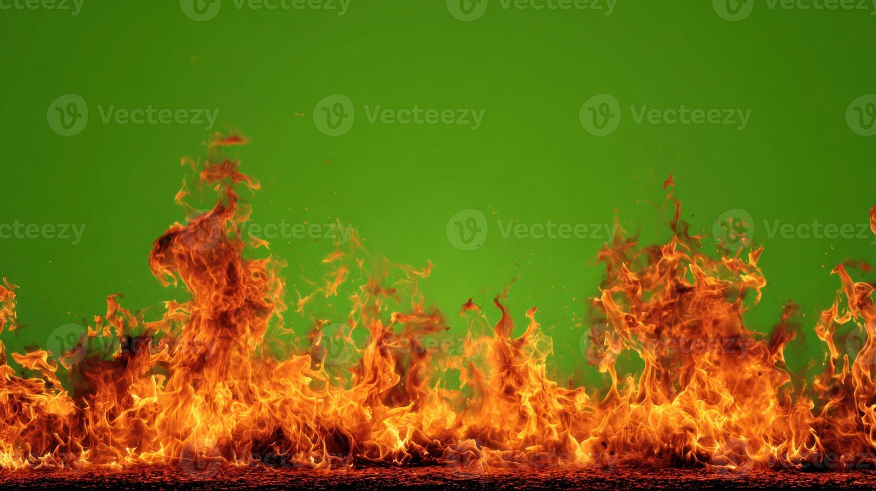 Orange Red Flames Engulf on green screen background. Vibrant fire animated on green backdrop. Burning flame animation. Frame Template. Chroma key. Motion graphics. Creative for overlay. Inferno photo