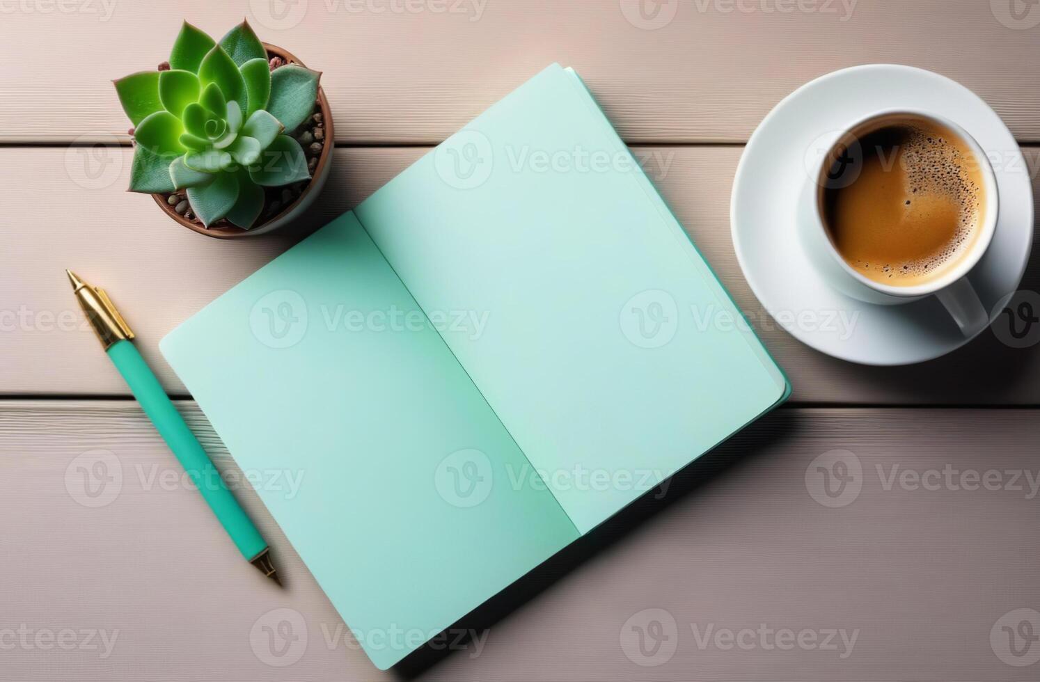 Elegant workspace with top view featuring a graceful arrangement. A coffee cup, empty notebook, pen, and a lush plant in a pot adorn the desk, creating a serene and atmosphere. Mint green color scheme photo