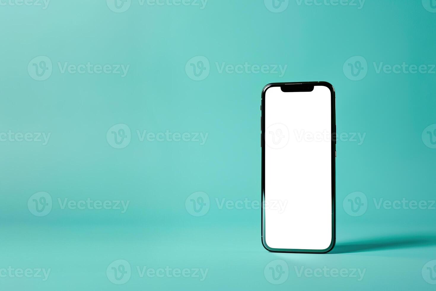 Phone with vertical white screen isolated light blue background. Mock Up Display. Smartphone gadget advertising. Front view Mobile phone with empty blank screen. Layout template. Smart phone device ad photo