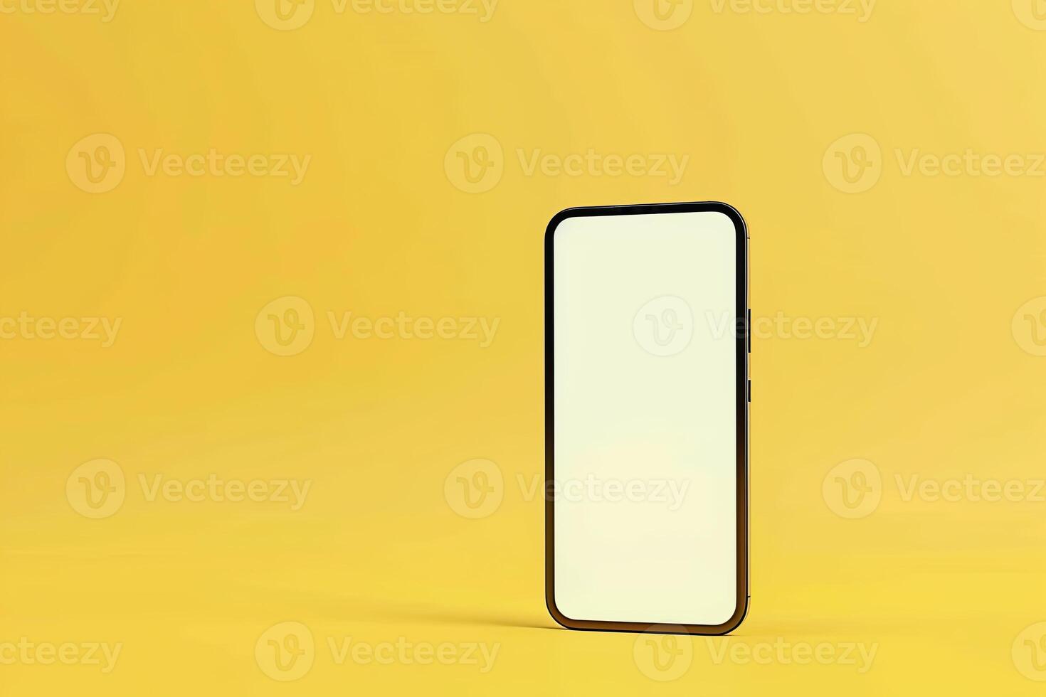 Phone with vertical white screen isolated yellow background. Mock Up Display. Smartphone gadget for advertising. Front view Mobile phone with empty blank screen. Layout template. Smart phone device ad photo