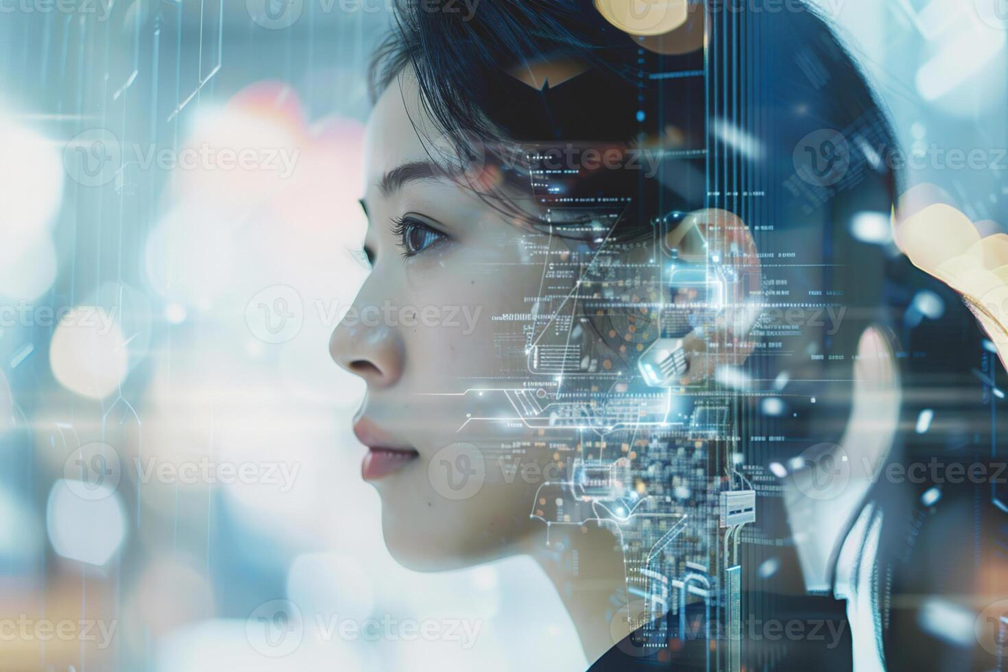 Futuristic portrait of Asian girl with glowing data visualization reflection of the screen. Woman In the network with line of code projected on her face. VR screen, AI Artificial Intelligence concept photo