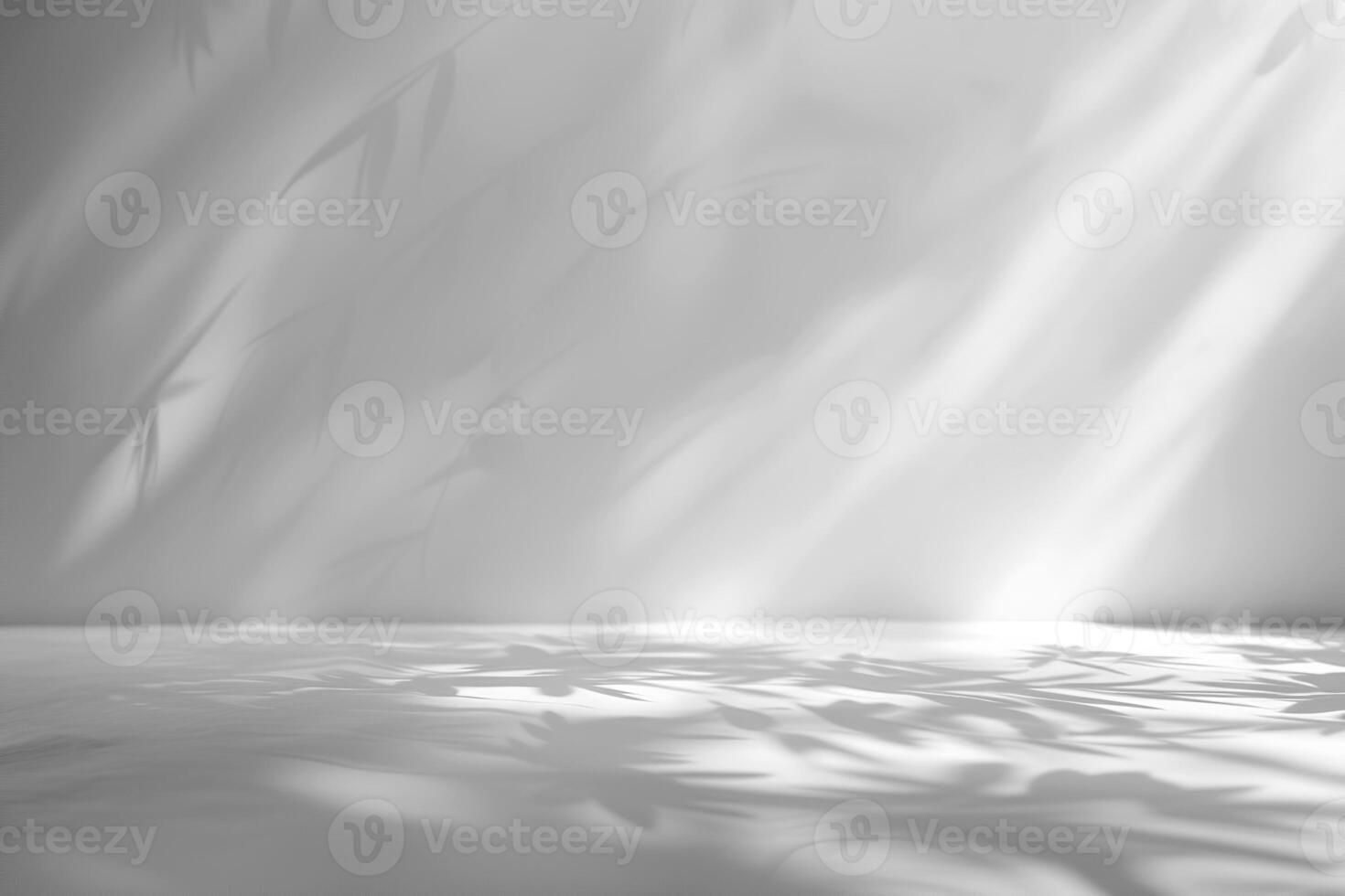 Minimal abstract background, light and shadow of tree leaves. Cosmetic product presentation. Premium podium. Pastel soft gray wall, white table. Showcase display case. Front view. Mockup ad. Concrete photo