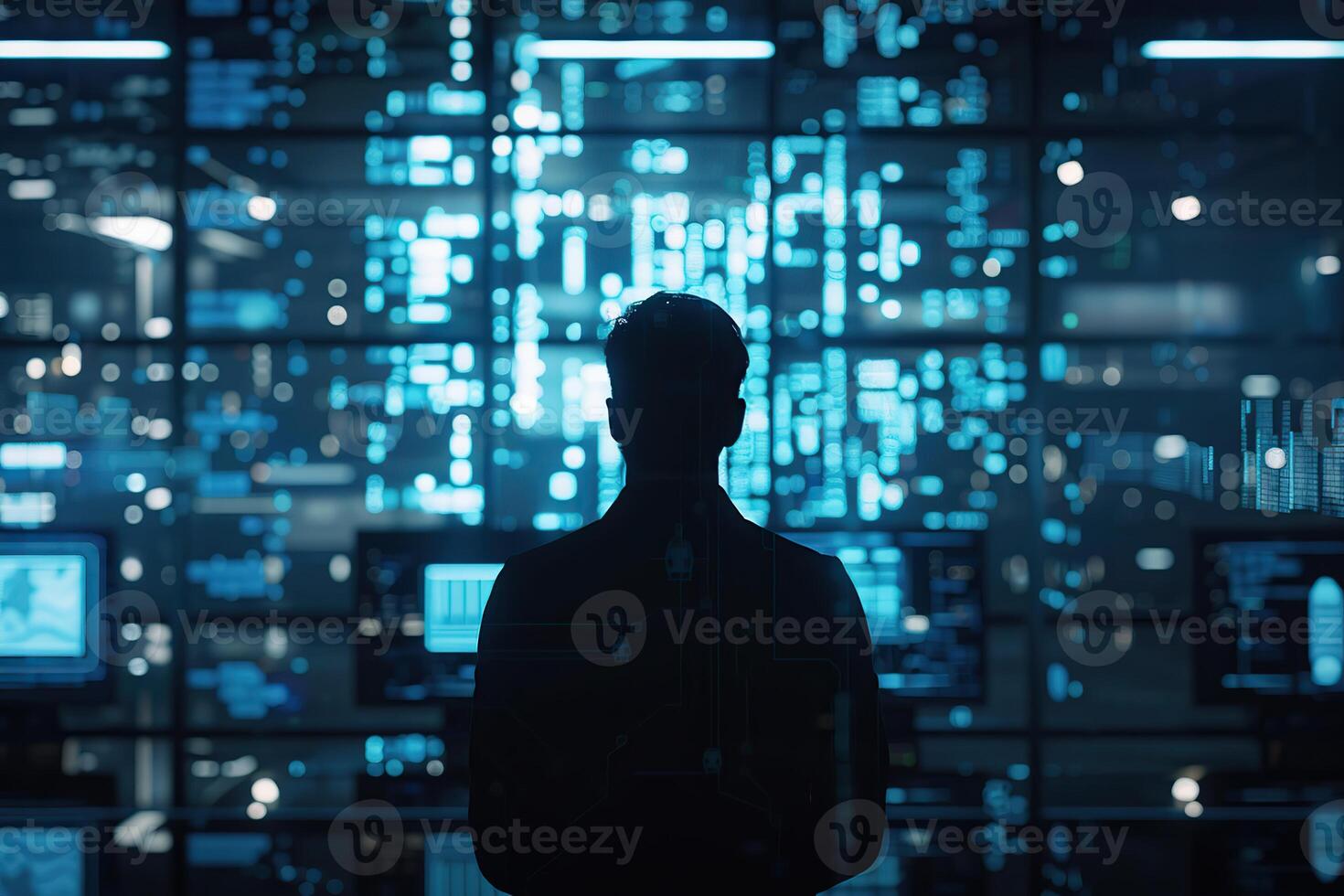 Person silhouette against glowing digital backdrop. Male standing on a flow of data showing cyber threats, vulnerabilities. VR environment screens displaying coding. AI Artificial Intelligence concept photo