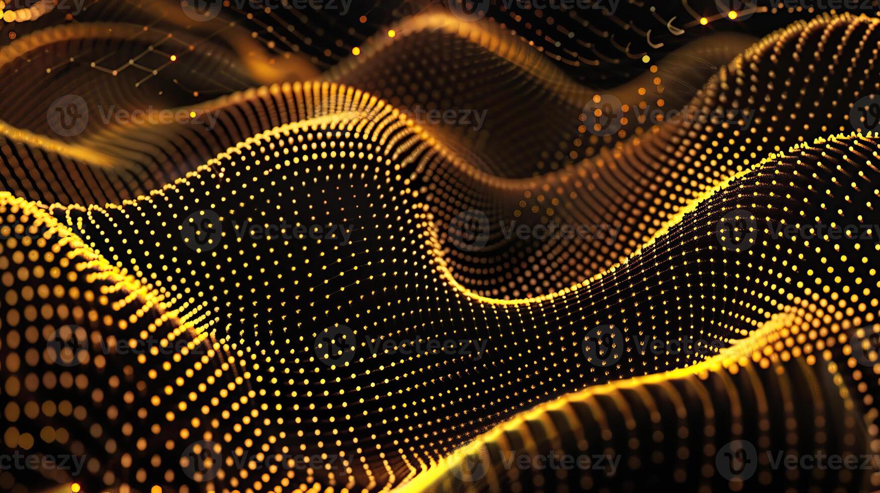 Digital network of interconnected nodes, lines, symbolizing the complexity, fluidity of AI models in data analysis. Dark background with gold glowing light effects connections between different points photo