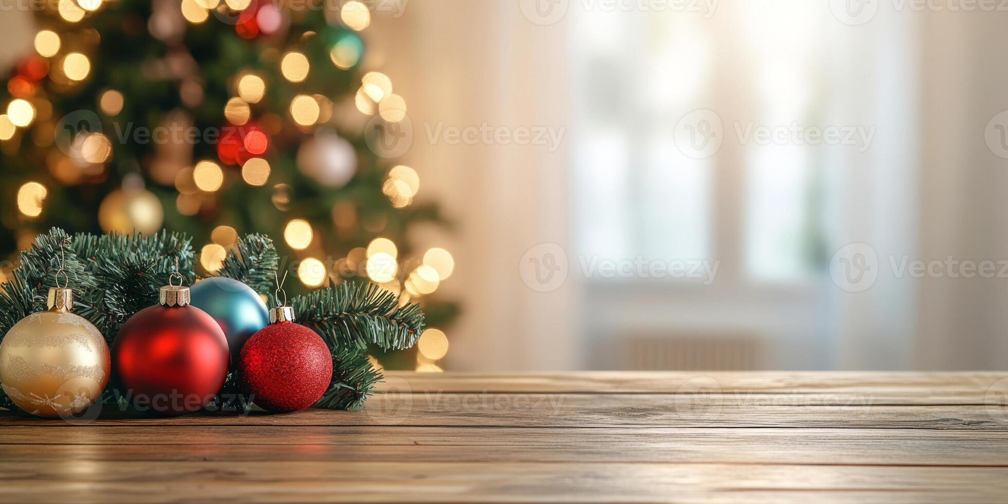 Christmas light countertop Empty wood table top counter with abstract warm Xmas light blur background with festive golden bokeh. Holiday backdrop, mock up banner display. Advertise, montage product photo