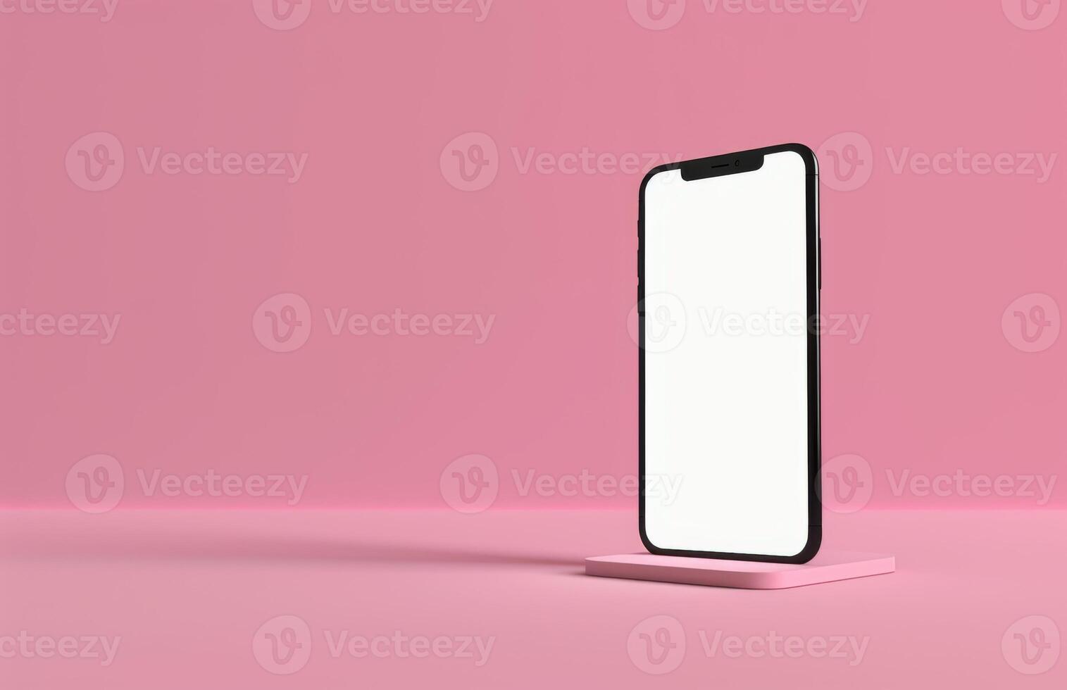 Phone with vertical clean white screen isolated on a pink background. Mock Up Display. Smartphone gadget for advertising. Top above view. Mobile phone with empty blank screen. Layout template photo