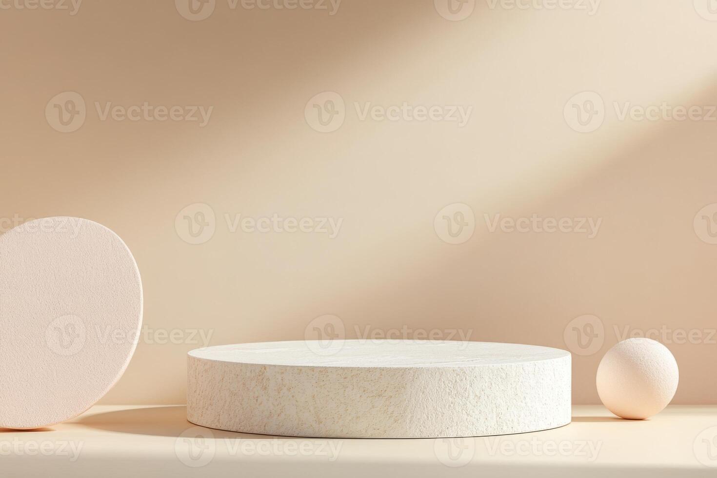 Podium for cosmetic product presentation on a beige. Abstract minimal geometrical form. Cylinder podium sphere, shadow. Scene. Empty flat showcase, display case. Side view. Floor platform smooth stage photo