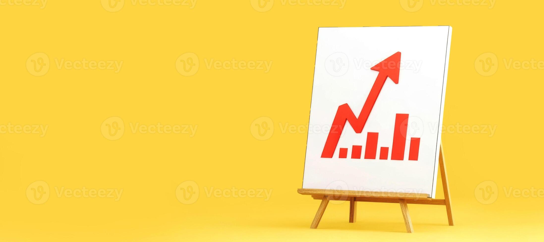 Easel with red line graph upward arrow, symbolizing progress. Positive growth concept. High efficiency, rising prices, profits, indicators of business development. Good income. Optimistic statistics photo