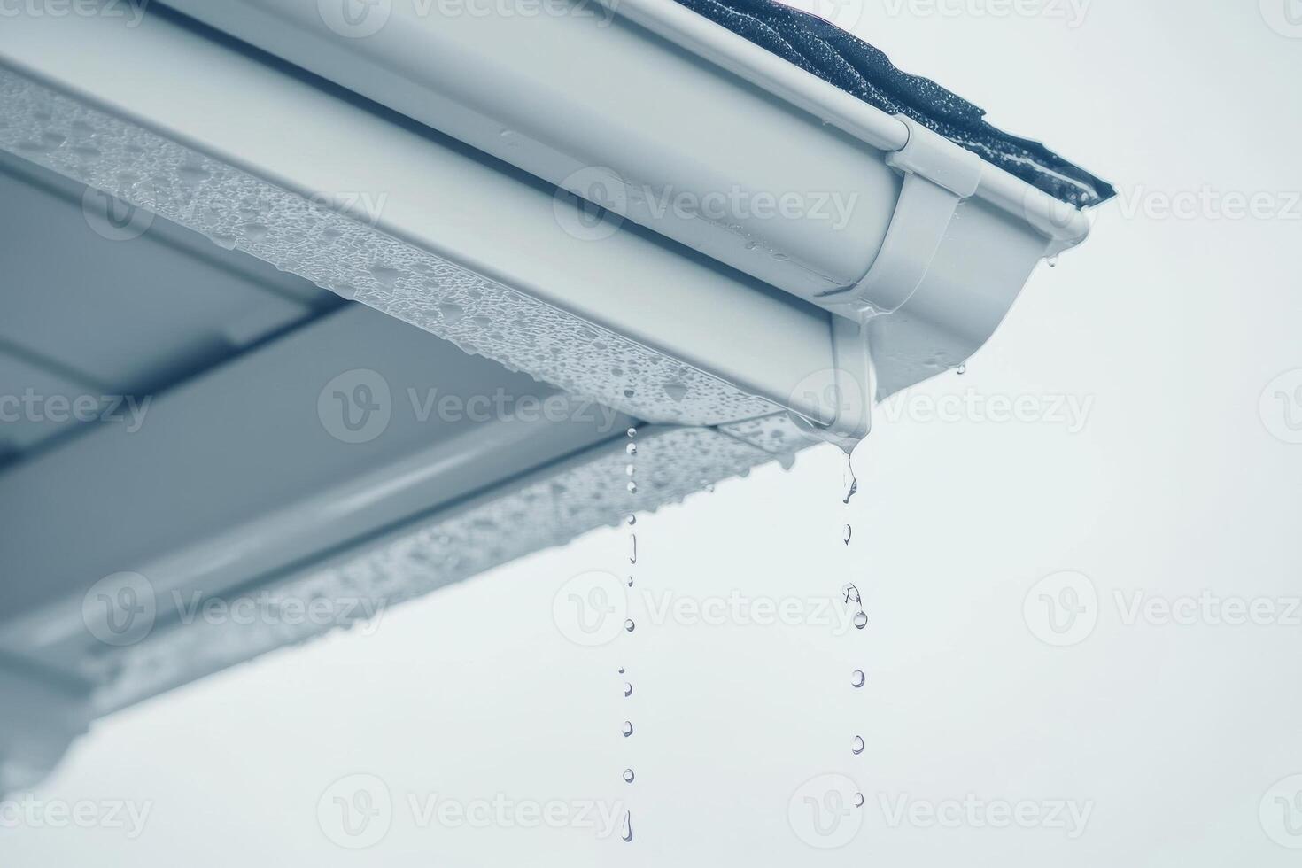 Falling Rain flow on the roof. Overflowing gutter system with water pouring out in abundance. Residential House Roof architecture Functionality and effectively. Drainage. Home architectural. photo