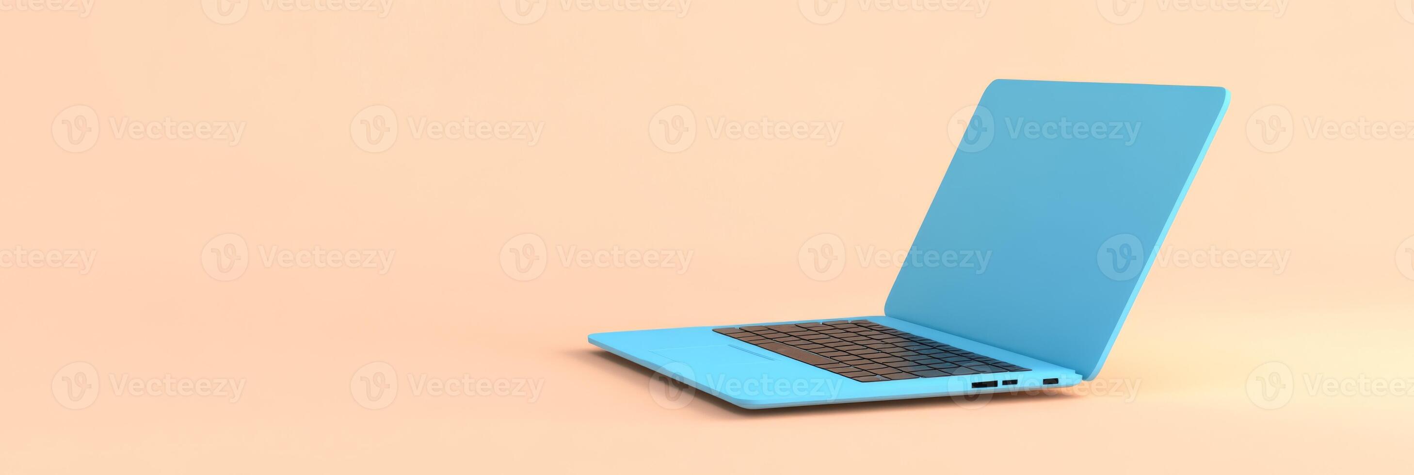 Light Blue Laptop Set Against a Neutral Background. Minimalistic Techno Backdrop. Minimal Office Surrealism Concept. Open Colored Laptop Computer on a Beige Color. Electronics, Modern Technology photo