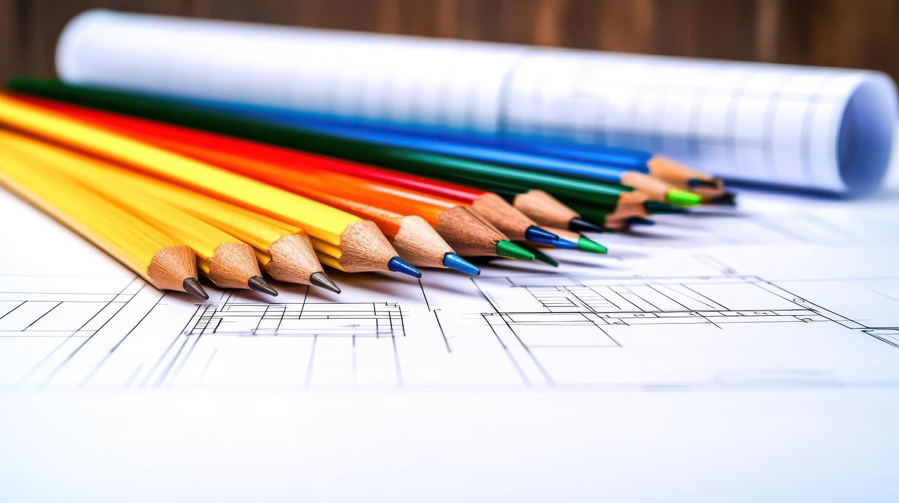 Colorful Pencils Laying on Blueprint Paper with Planning and Design Elements photo