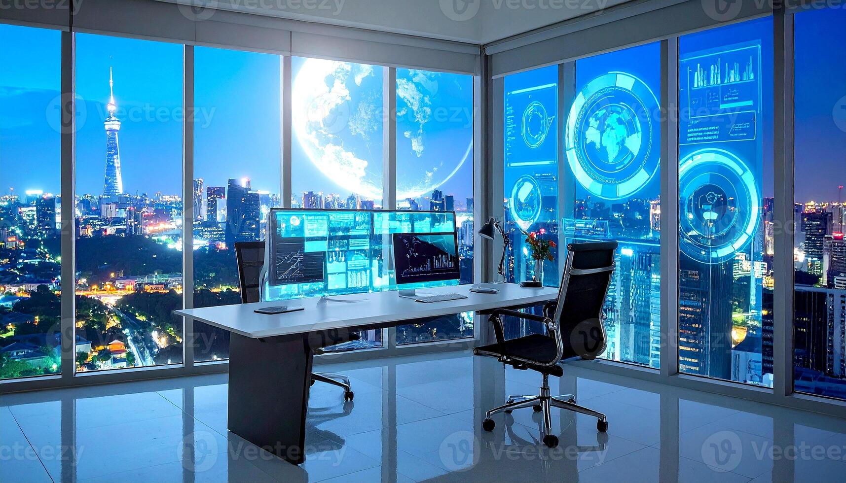 Modern office with futuristic cityscape view, data visualization, and financial analytics for business intelligence solutions and innovative technologies photo