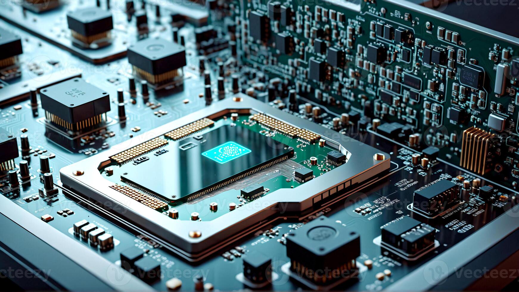 Cutting-edge technology featuring intricate circuit board with glowing processor for innovation and high-tech concepts in modern electronics and engineering photo