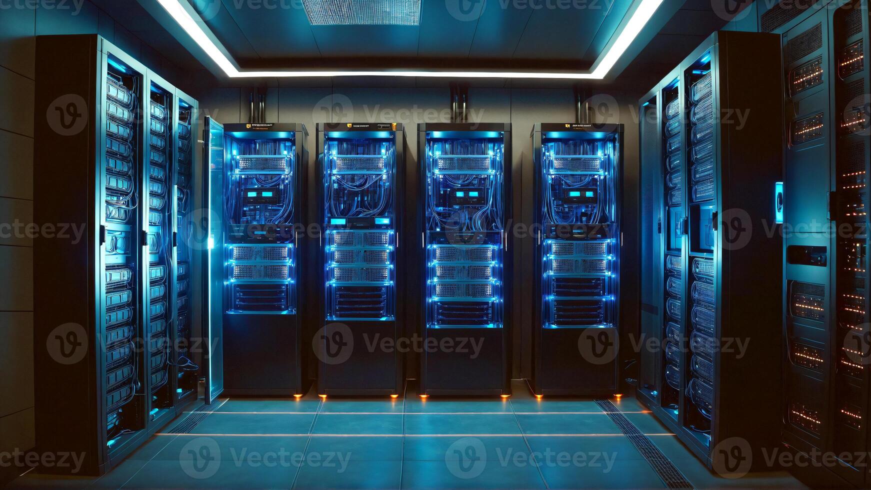 Modern server room with glowing blue lights showcasing data center infrastructure and cutting-edge technology for cloud computing and cybersecurity solutions photo
