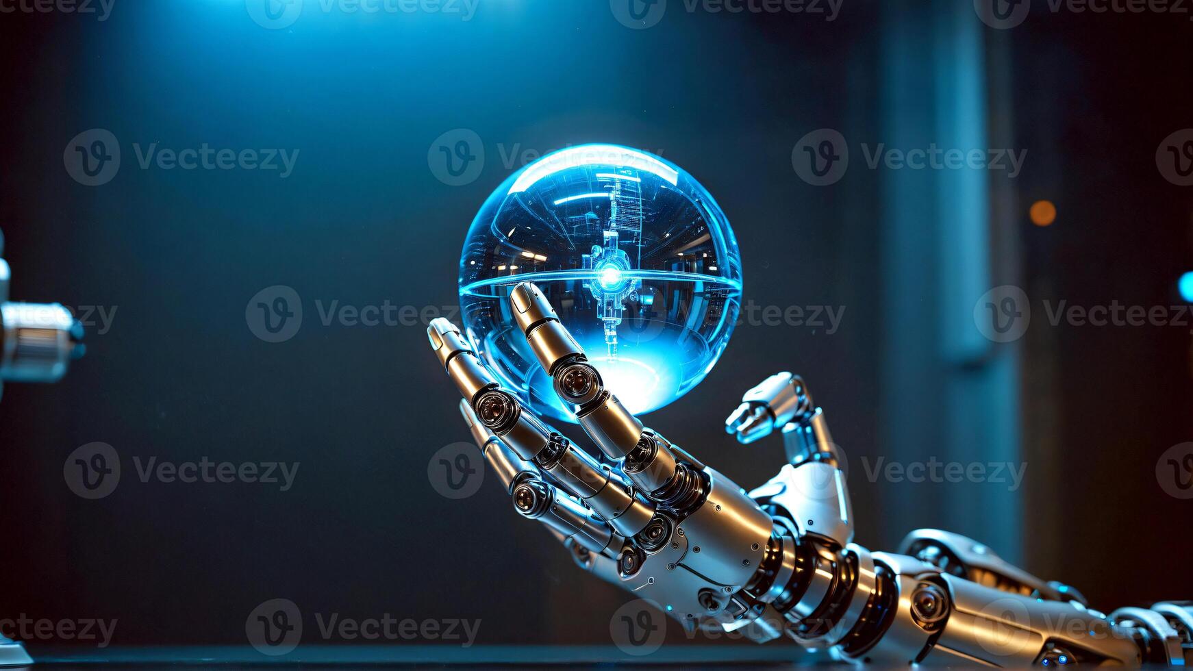 Futuristic robot hand gently holding a glowing orb, symbolizing innovation, artificial intelligence, and the potential of advanced technology in the future photo