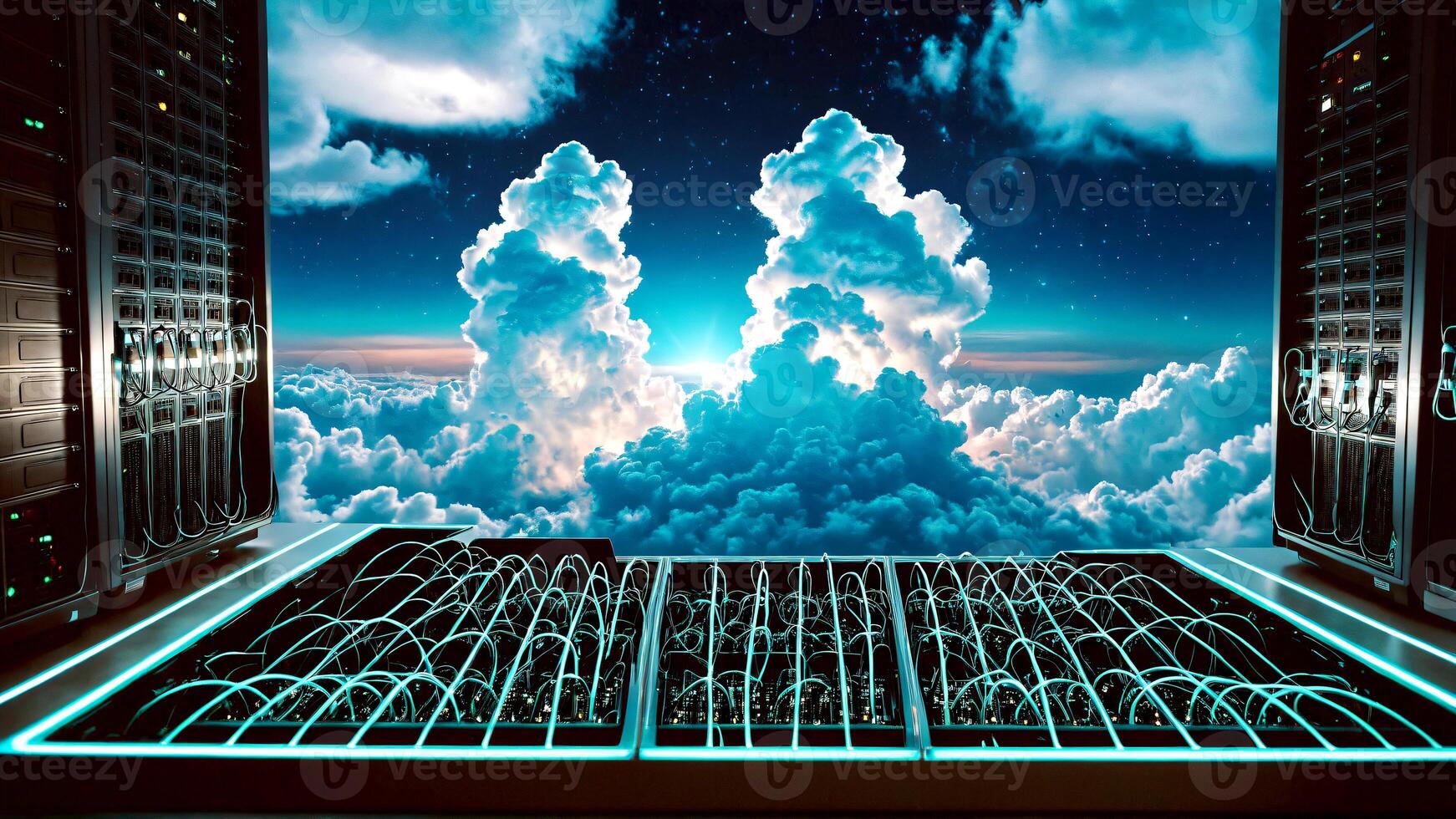 Powerful servers processing data in the cloud with vibrant sky and modern technology solutions for digital transformation and high speed connectivity photo