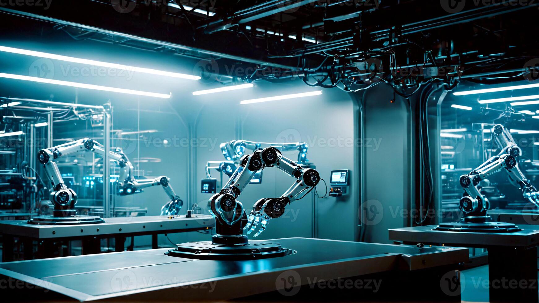 Robotic arms performing precise manufacturing in a futuristic, high-tech lab environment ready for innovative automation and quality control solutions photo