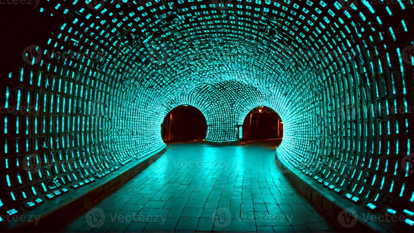 Step into a mesmerizing turquoise tunnel, a captivating architectural design perfect for modern concepts and innovative projects, with abstract lighting effects photo