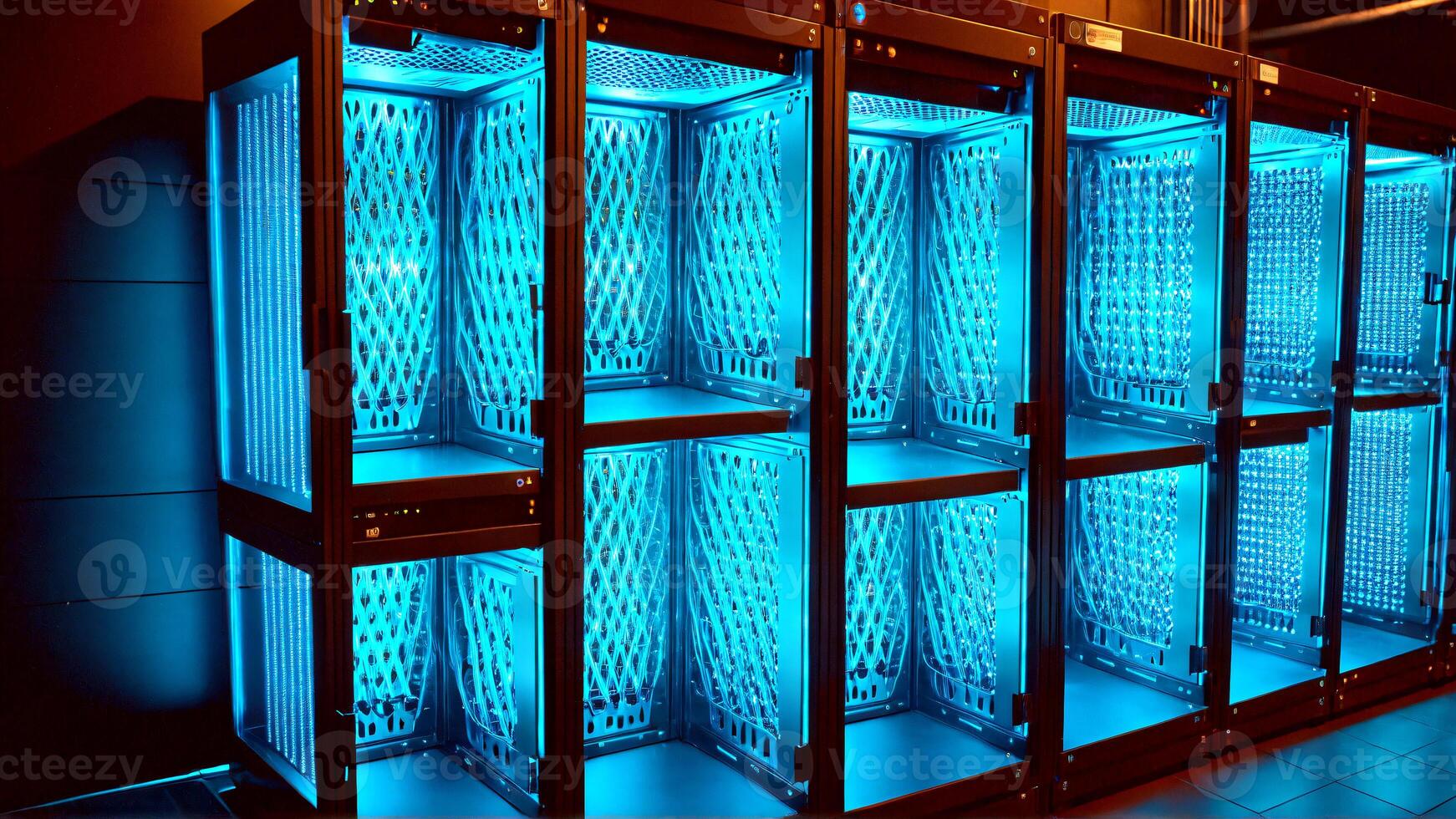Modern data center server racks glowing with vibrant blue lights showcasing powerful computing infrastructure for cutting-edge technology solutions photo