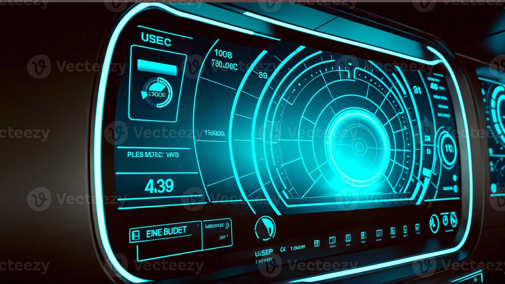 Immerse yourself in futuristic technology with this stunning glowing dashboard interface for spaceship simulation, ready for your creative projects photo