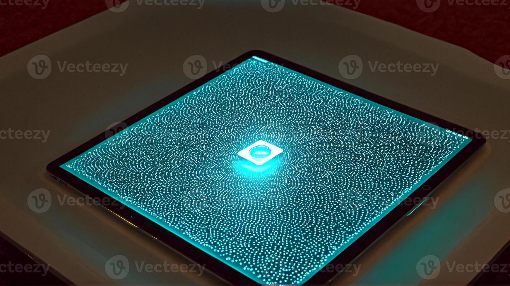 Stunning digital interface with glowing cyan particles and central illuminated square, representing future tech and innovation photo
