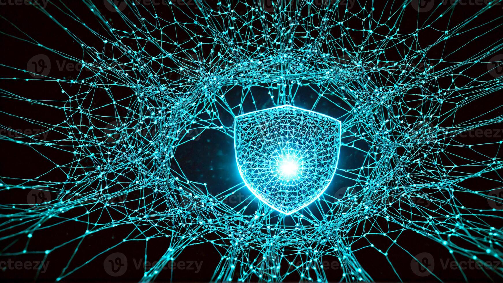 Dynamic digital shield secures complex network, representing ultimate cyber defense and data protection in a futuristic abstract concept photo