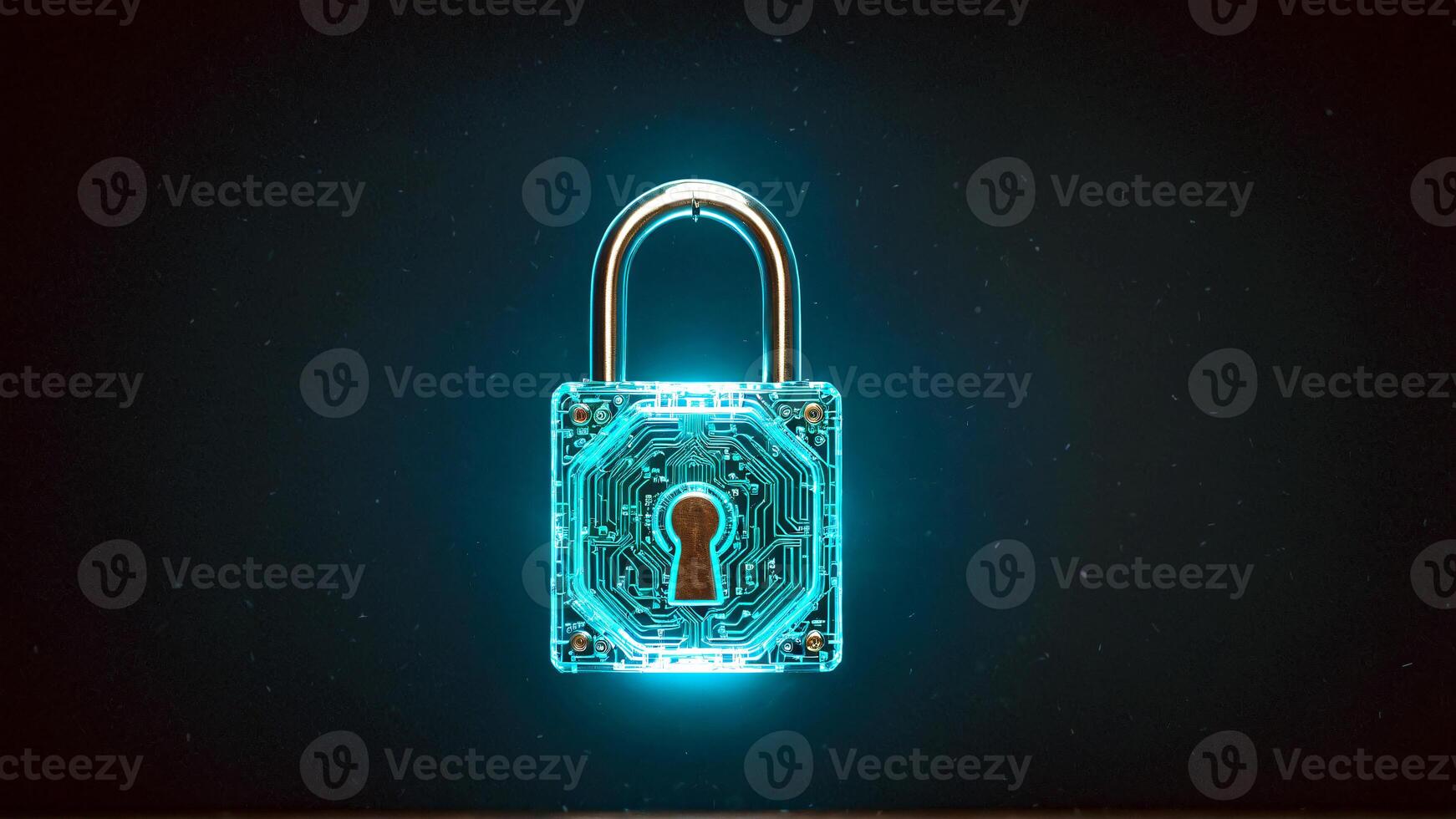 Futuristic digital padlock with glowing circuit board design symbolizes unbreakable cybersecurity and advanced data protection for modern tech solutions photo