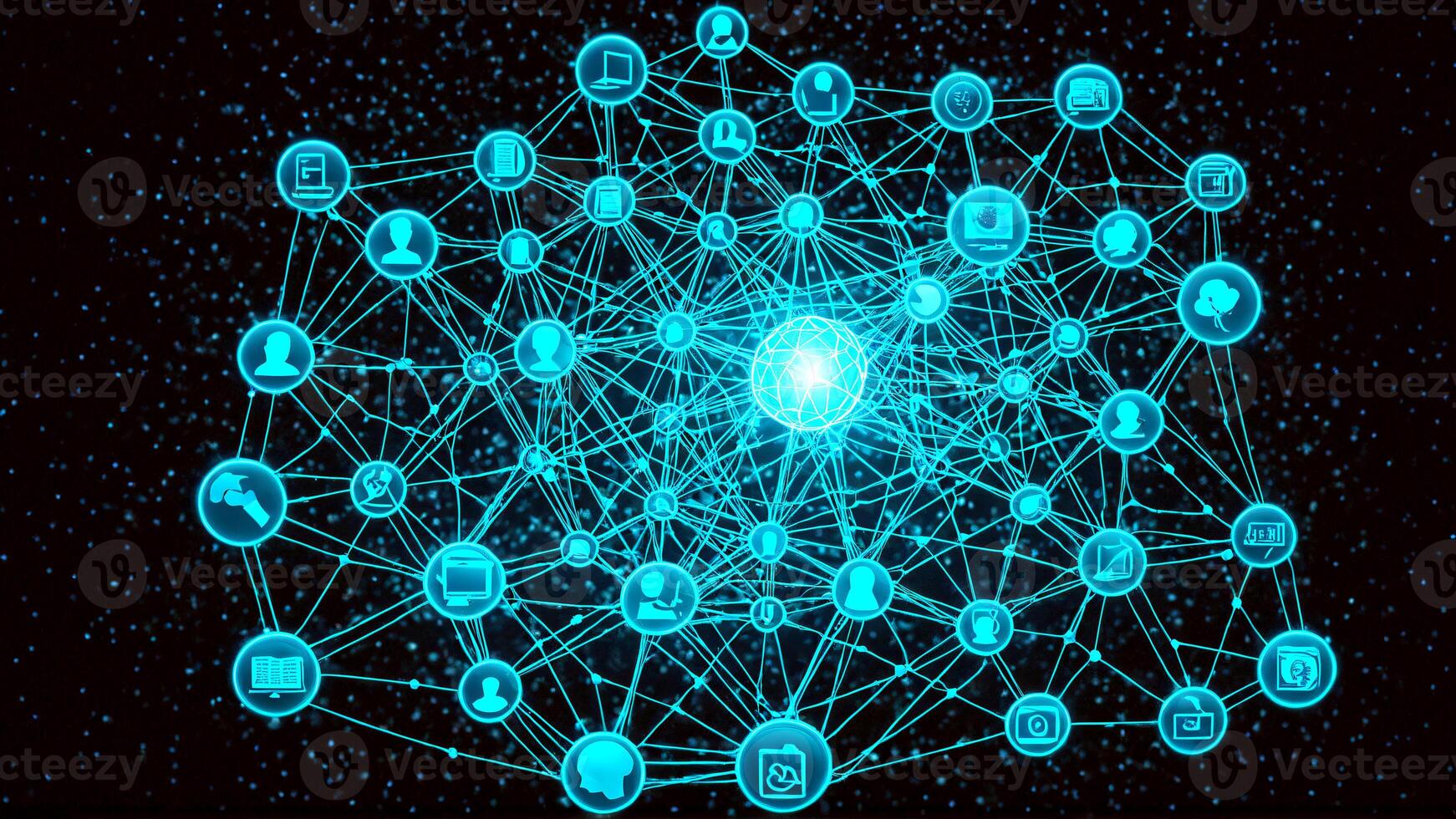 Dynamic digital network connecting people, ideas, and data across a glowing abstract universe of information photo