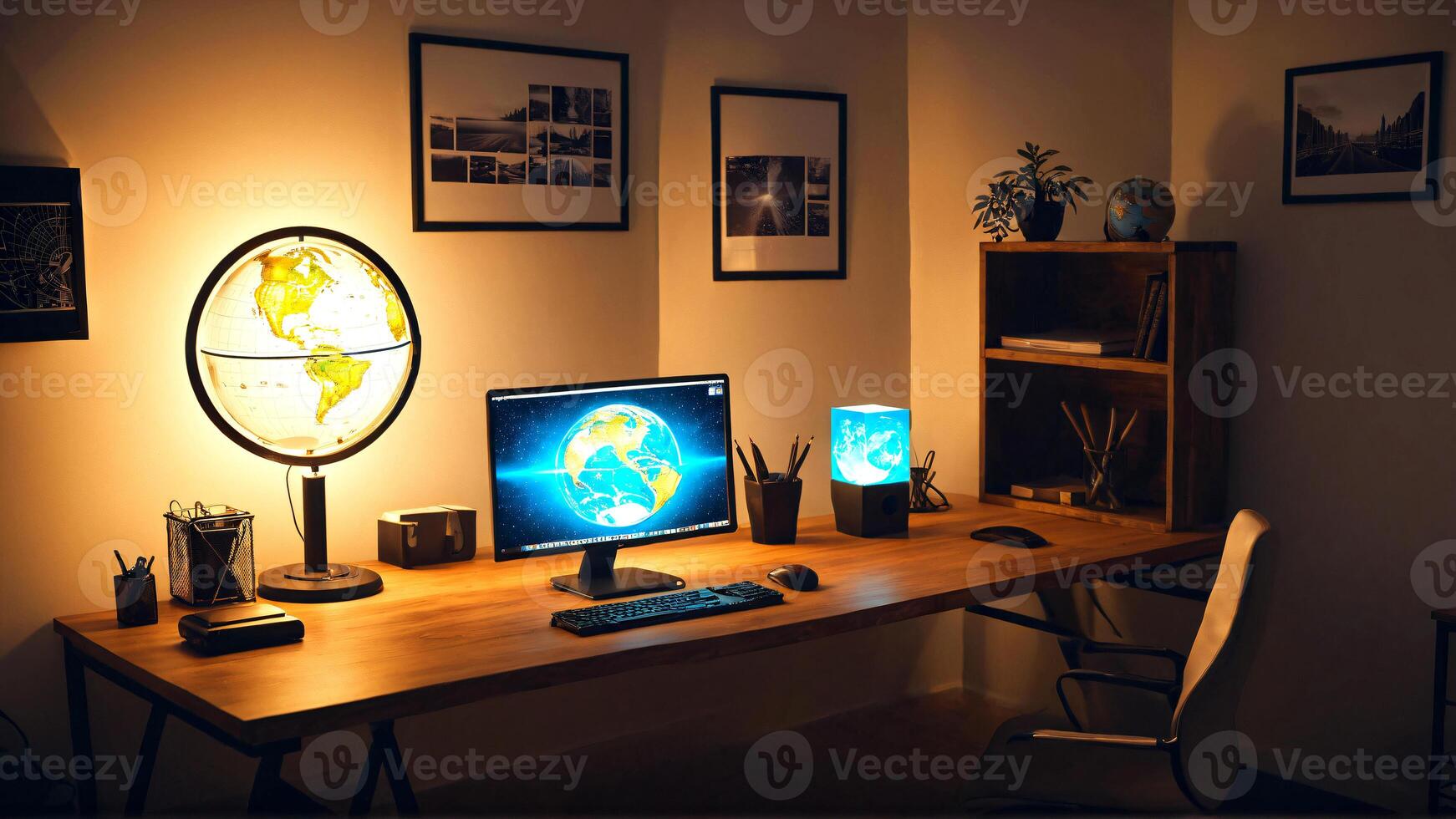 Inspiring modern home office setup with illuminated globe and desktop computer, perfect for global business and remote work inspiration. photo