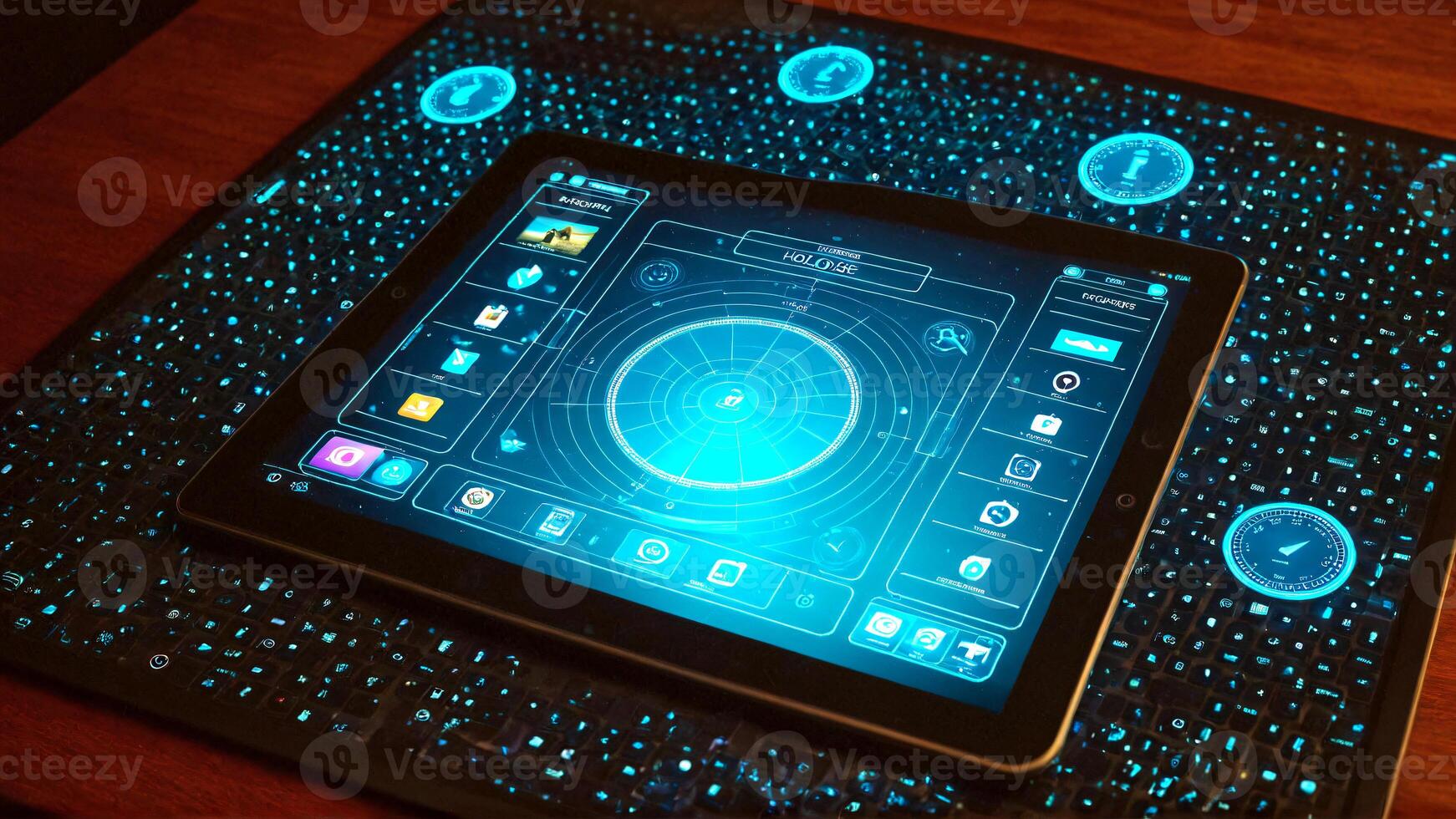 Futuristic tablet displaying holographic interface with glowing digital data, next to a luminous keyboard showcasing innovative technology and advanced connectivity. photo