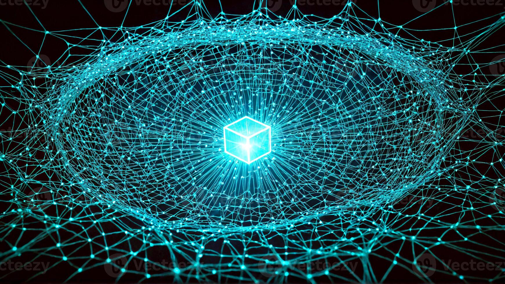 Stunning glowing neural network abstract with central luminous cube, representing AI, data, and complex systems in a dynamic digital realm. photo