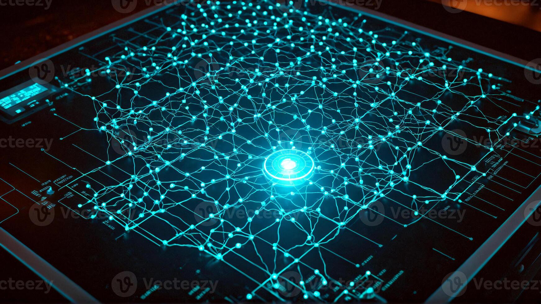 Captivating digital neural network glows with vibrant blue light, symbolizing AI, data, and future technology powering innovation photo