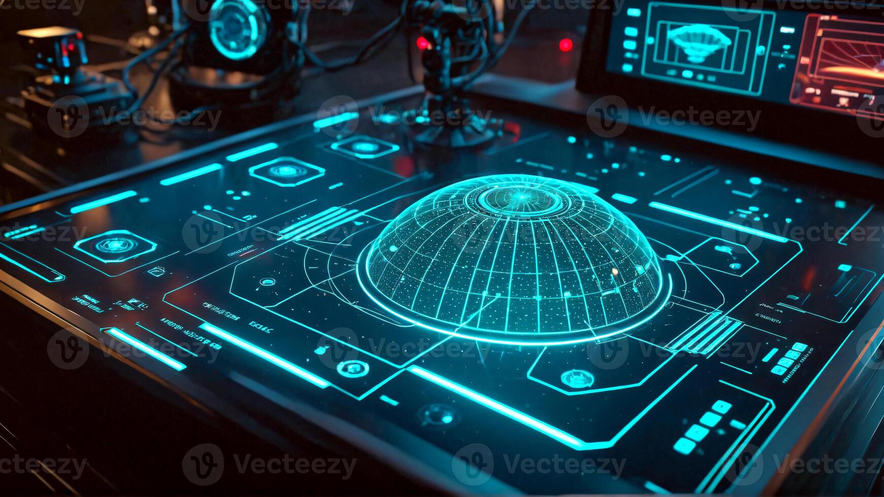 Futuristic holographic interface displays global data on a high tech command console, projecting advanced technology and complex network analysis for strategic decision making. photo
