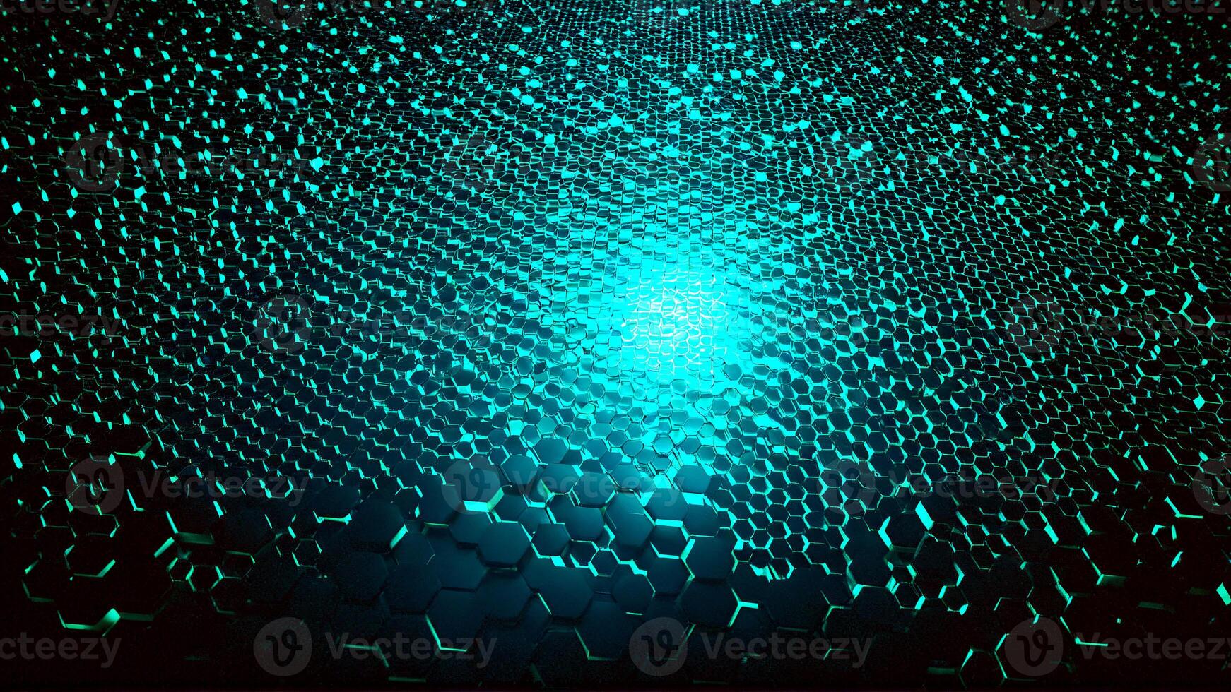 Dynamic hexagonal grid with vibrant blue light radiating from center, creating a futuristic, tech-inspired abstract background for modern digital concepts photo