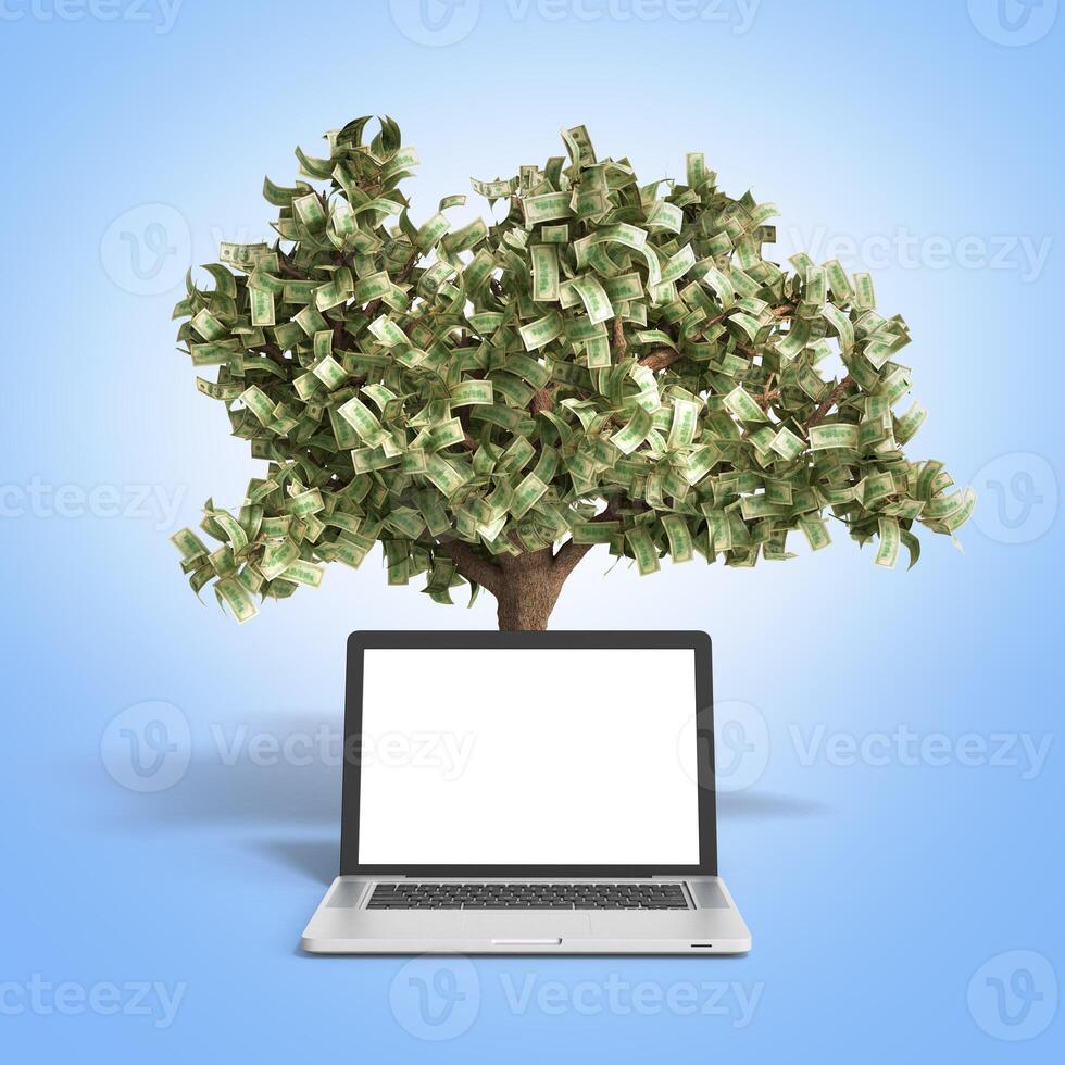Black empty screen pc with money tree on gradient background 3d render Success knowlage concept photo