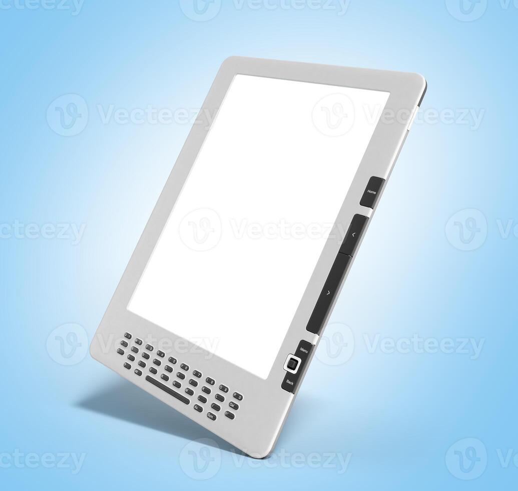 blank E-book reader 3d render image on on blue gradient photo