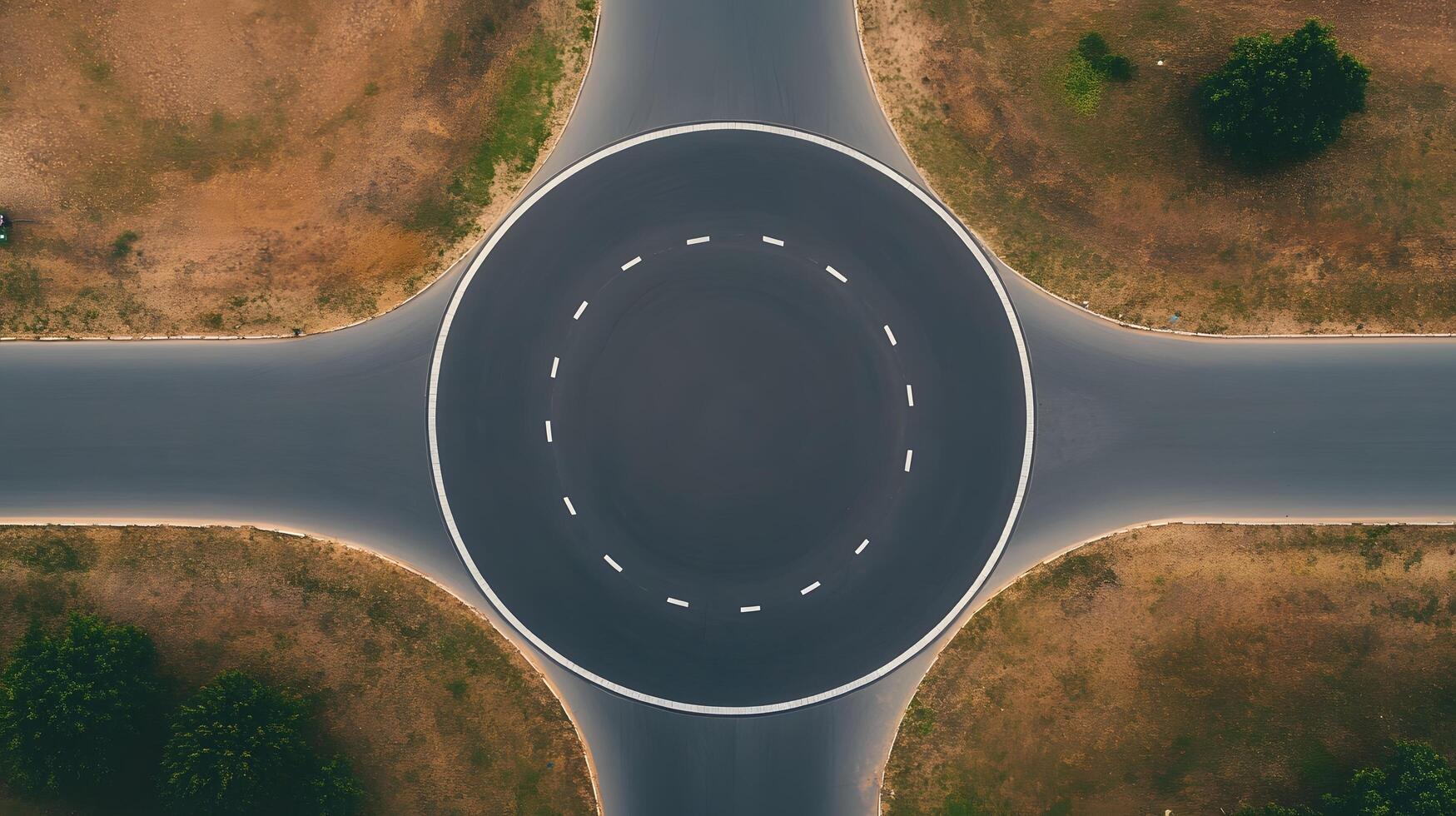 Aerial View of a Circular Intersection with Roundabout Sign for Smooth Traffic Flow photo