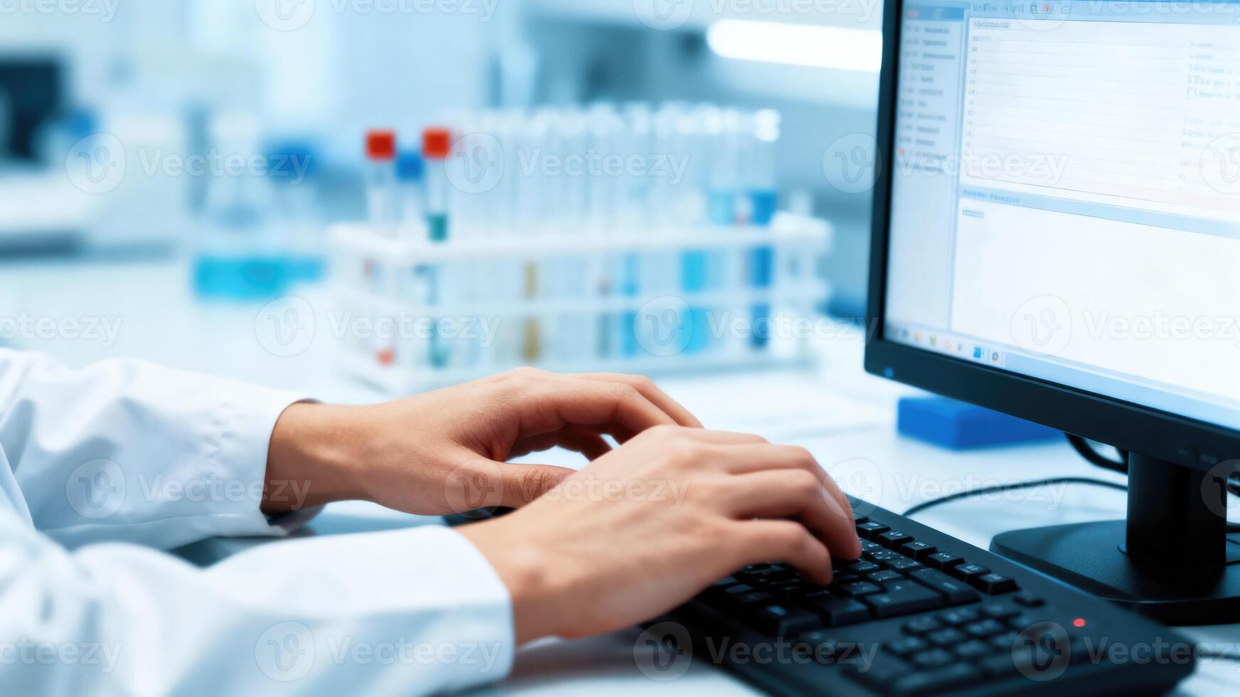 Scientist working on a computer in a laboratory setting, typing on a keyboard. photo