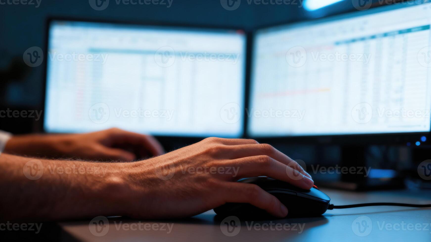 Close up of hands using a computer mouse near two computer monitors. photo
