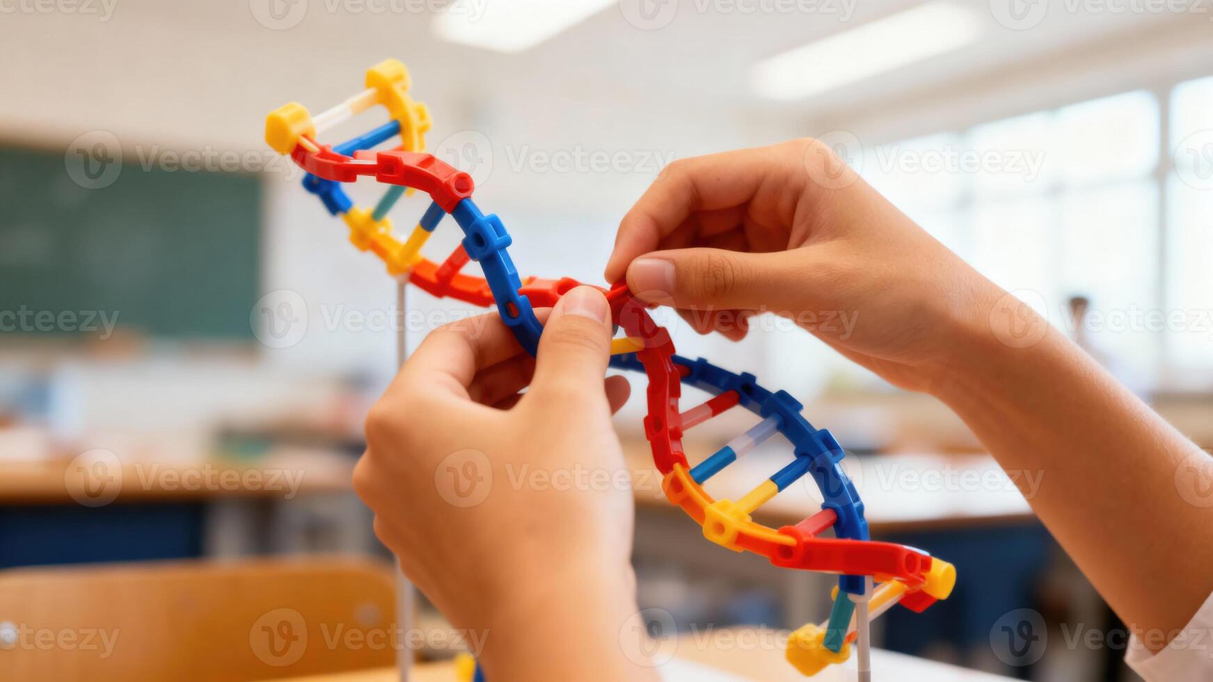 Hands assembling a colorful DNA model in a classroom setting. photo