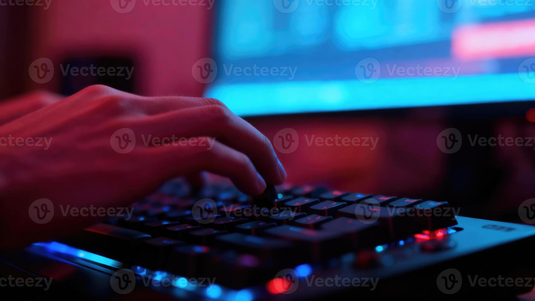 Hands typing on a backlit keyboard in a dimly lit room with a computer screen. photo