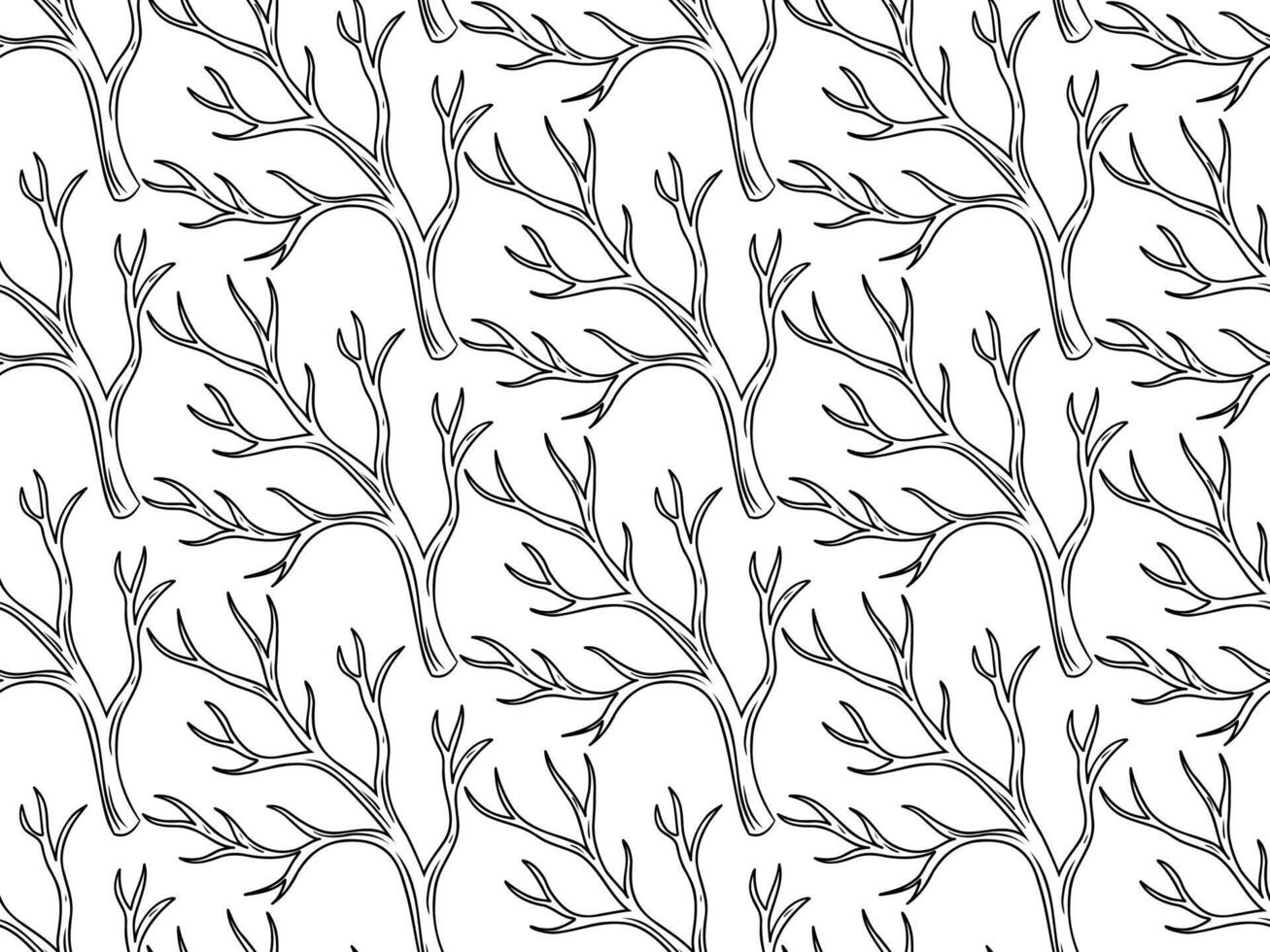 Seamless pattern with winter tree branches. Hand drawn doodle lineart outline background. vector