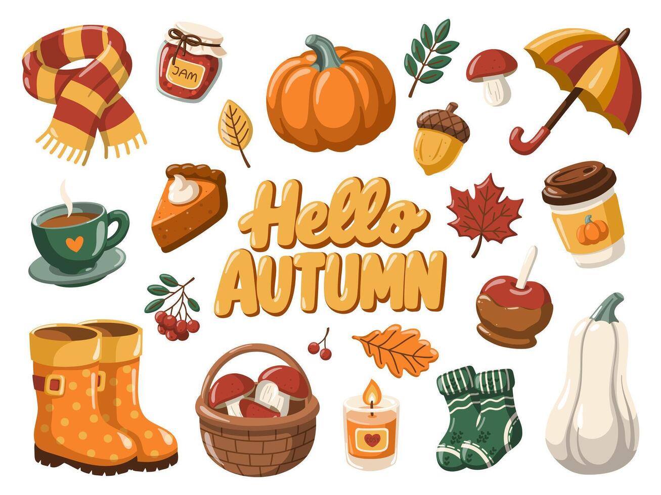 Hello Autumn set. isolated illustrations of cozy fall and seasonal objects on white background vector