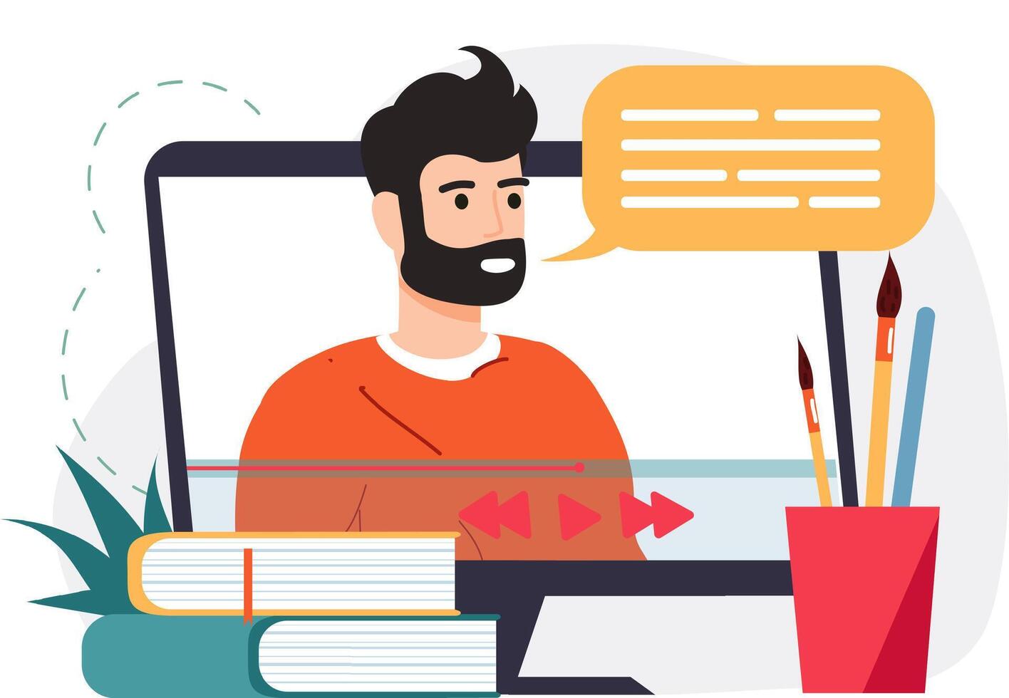 Man learning online virtual art class tutorial on computer vector